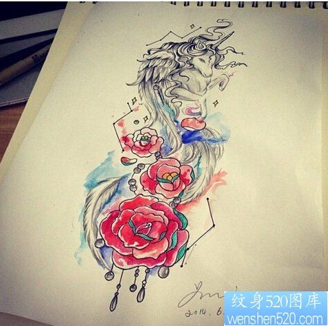 彩色独角兽玫瑰花纹身手稿图案