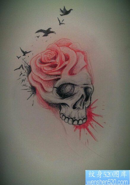 骷髅玫瑰欧美纹身手稿图案