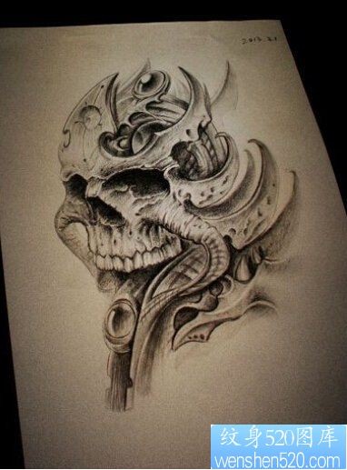 欧美黑灰素描骷髅纹身图案