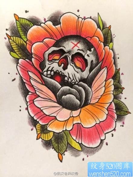 欧美彩色骷髅玫瑰花纹身图案