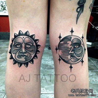 女性腿部太阳月亮纹身图案