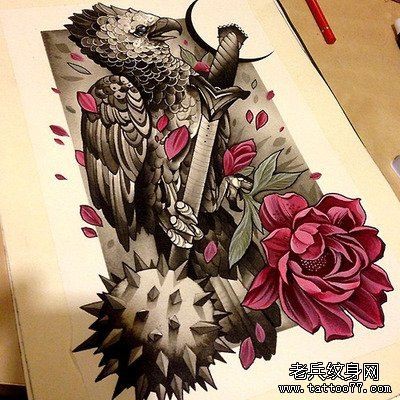 彩色鹦鹉花纹身手稿图案