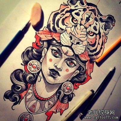 虎头女郎纹身手稿图案