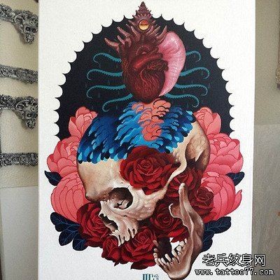 骷髅玫瑰手稿图案由最好的纹身馆提供