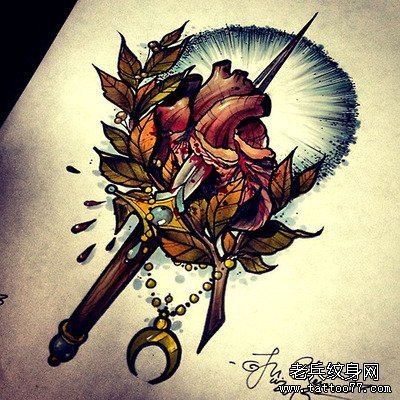一款彩色匕首纹身手稿图案