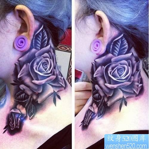 纹身520图库一款脖子彩色玫瑰花纹身图案