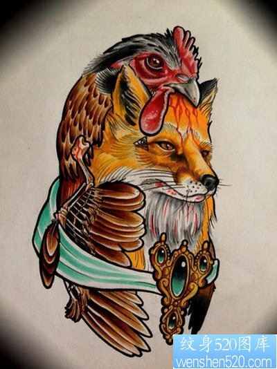 一款彩色school狐狸风格纹身手稿图案
