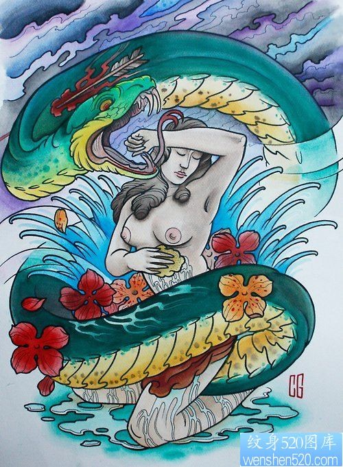个性蛇女郎纹身手稿图案