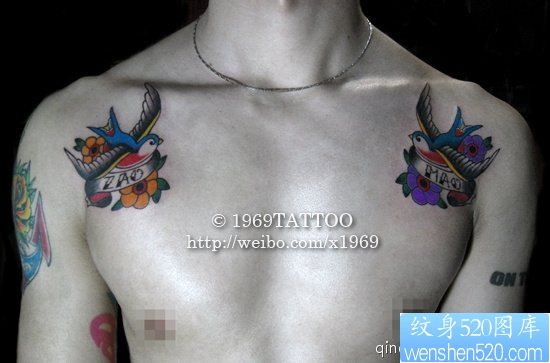 小清新胸部燕子纹身图案