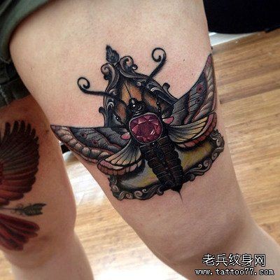 女性腿部个性的飞蛾纹身图案