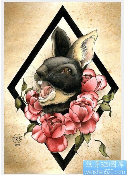 一款兔子玫瑰纹身手稿图案