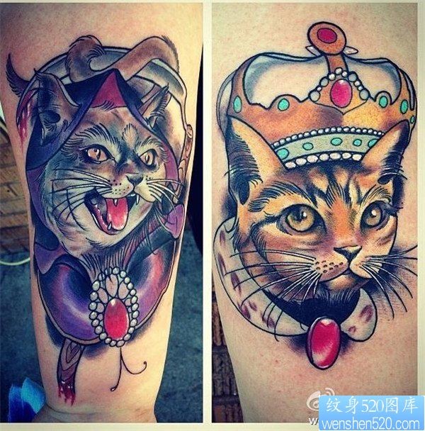 一款腿部彩色猫咪纹身图案