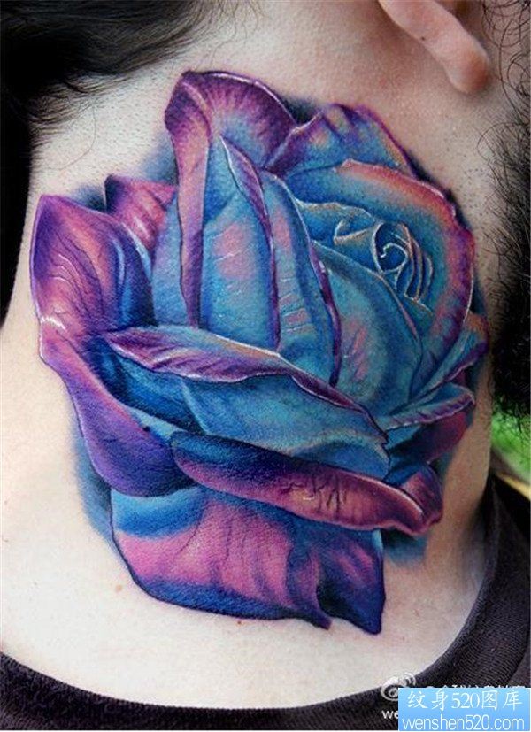 一款脖子彩色玫瑰纹身图案