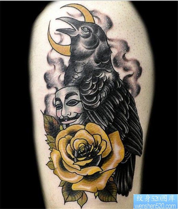 手臂玫瑰鸟纹身图案