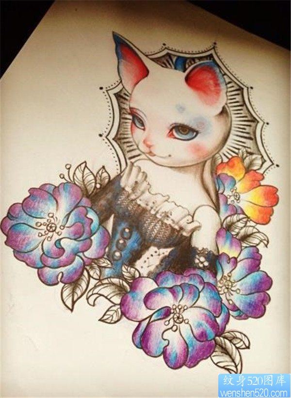 一款漂亮的猫咪纹身手稿图案