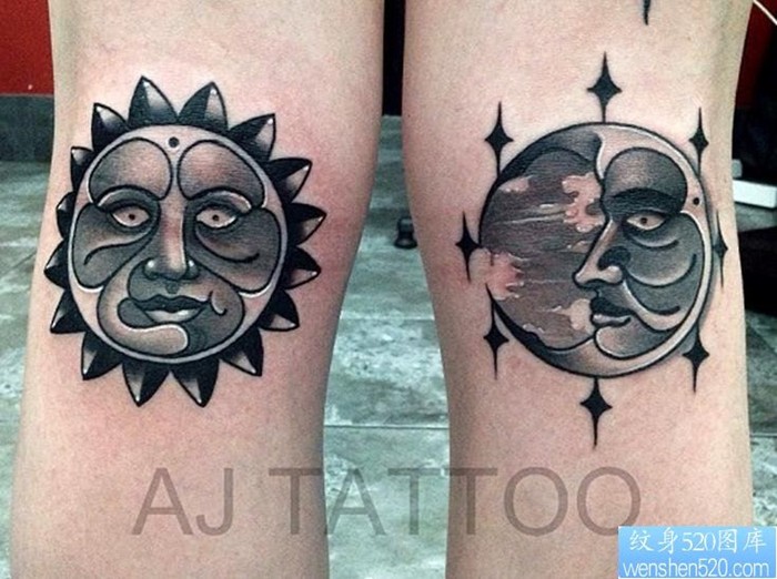 女性腿太阳月亮纹身图案