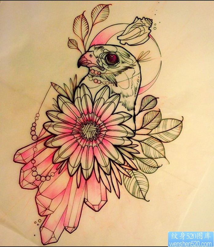一款彩色线稿鸟花卉纹身图案