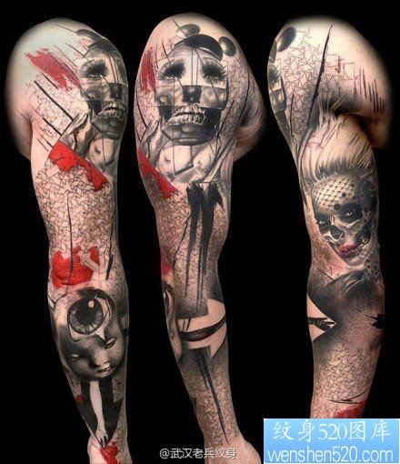 一组欧美骷髅花臂纹身图案