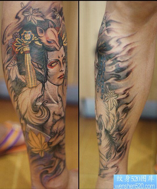 一款腿部彩色狐女纹身图案
