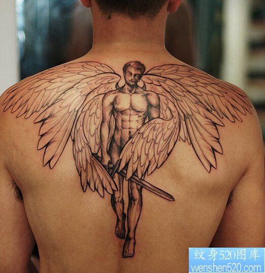 一款肩背米迦勒天使纹身图案