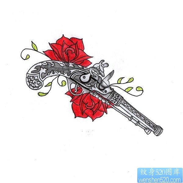 纹身520图库提供一组手枪玫瑰花纹身图案
