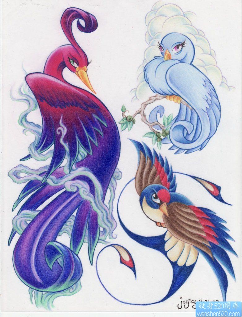 一组彩色凤凰纹身手稿图案