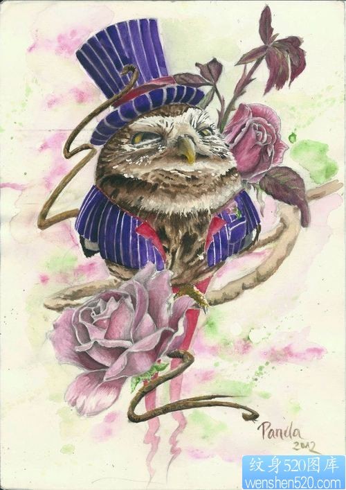 猫头鹰玫瑰花纹身图案