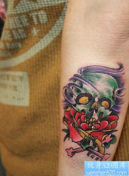 手臂绿色骷髅纹身图案