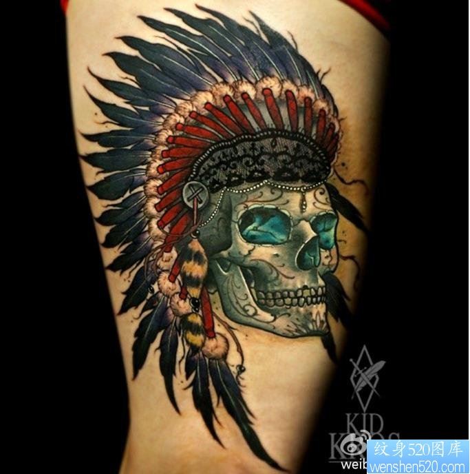 腿部印第安骷髅纹身图案