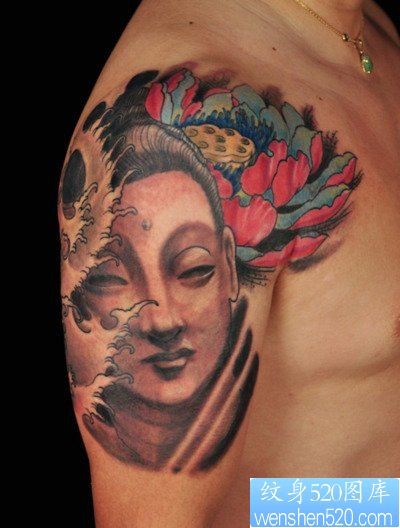 大臂彩色莲花佛纹身图案由最好的纹身图案