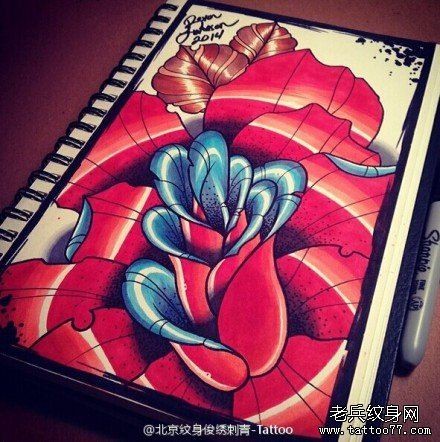 彩色玫瑰花纹身手稿图案