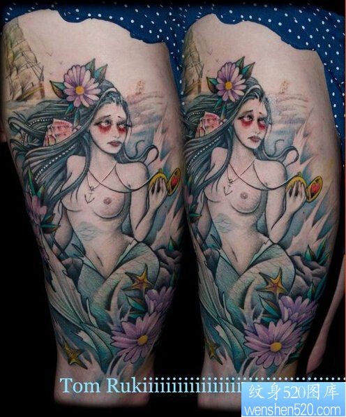 腿部彩色人物女郎纹身图案