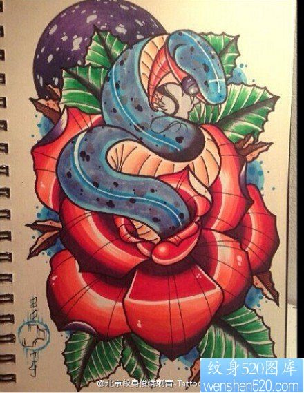彩色欧美牡丹蛇纹身图案