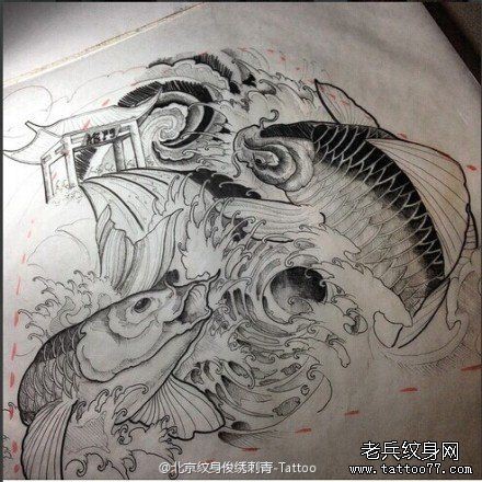 鲤鱼跃龙门纹身手稿图案