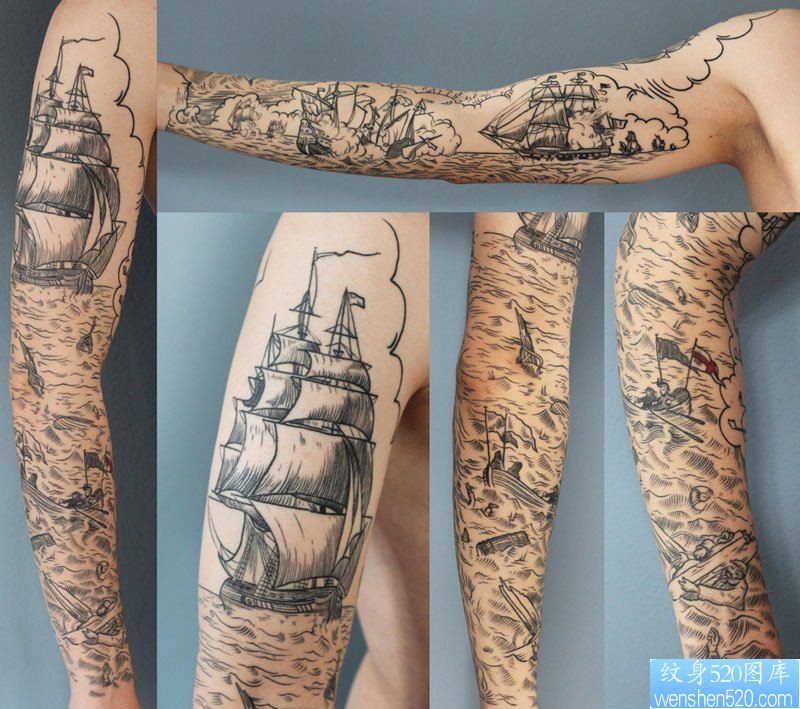 一款满手臂帆船纹身图案