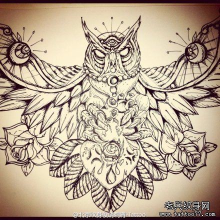 素描猫头鹰纹身手稿图案