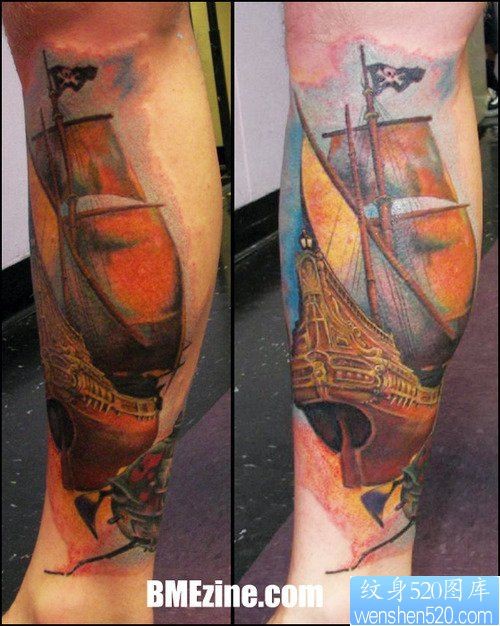 一款腿部船纹身图案