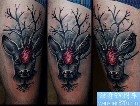 一款腿部鹿头纹身图案