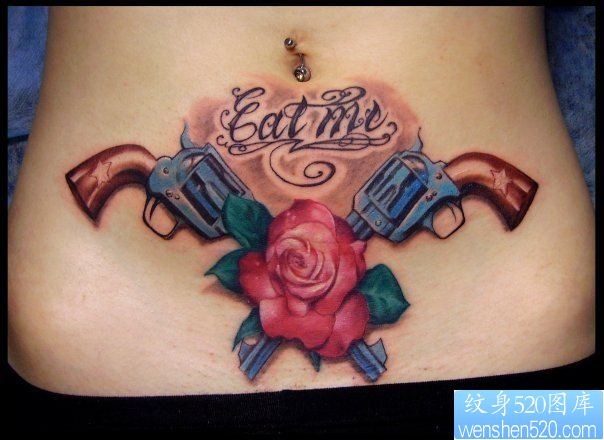腹部手枪玫瑰花纹身图案