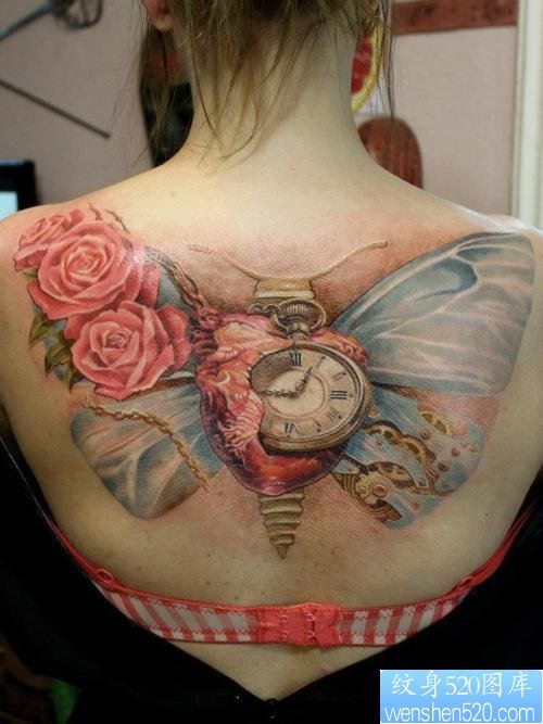 一款蝴蝶玫瑰花时钟纹身图案