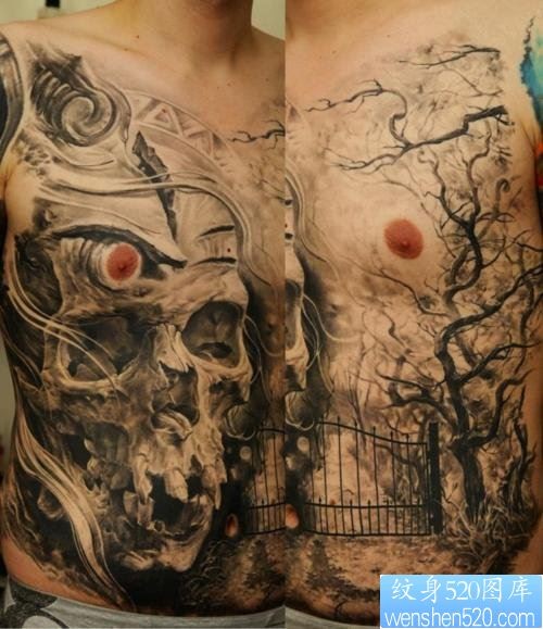 最好的纹身馆推荐 一款胸口骷髅纹身图案