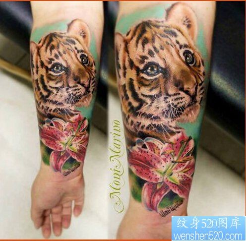 一款手臂彩色老虎纹身图案