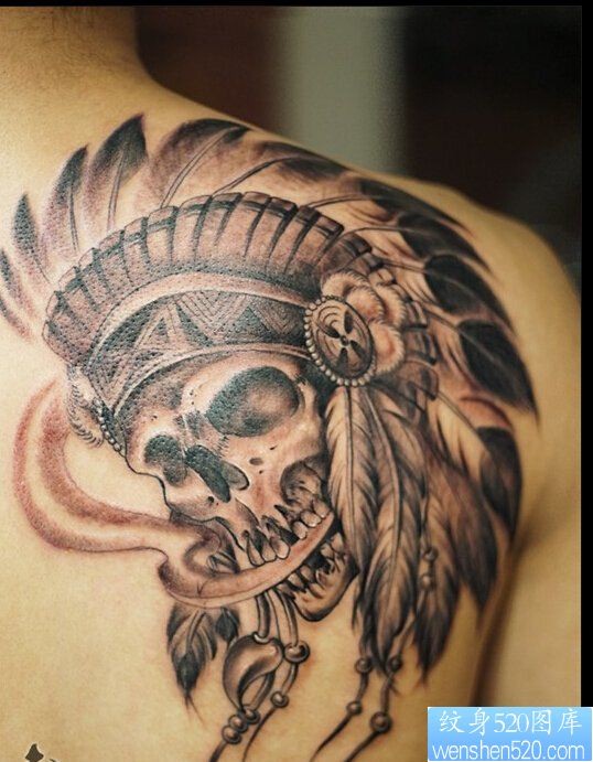 背部印第安头骨纹身图案