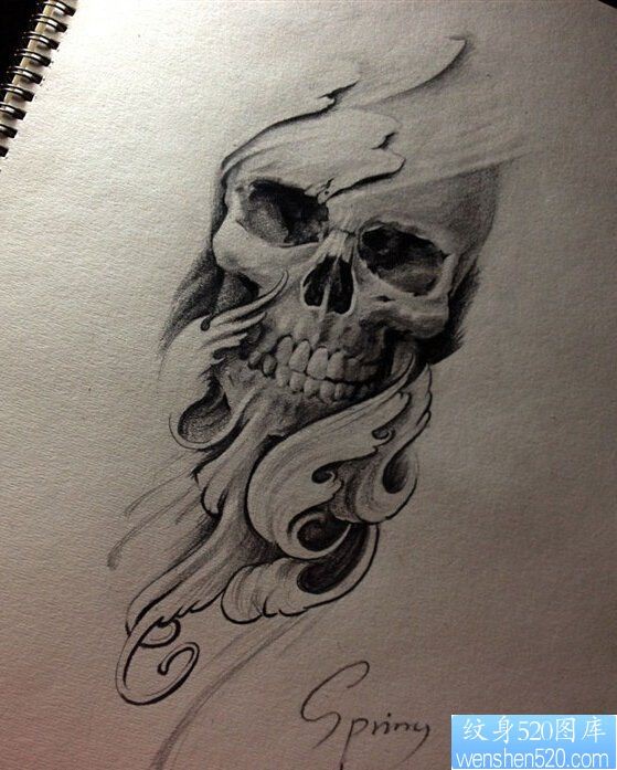 一款黑灰素描骷髅纹身手稿图案