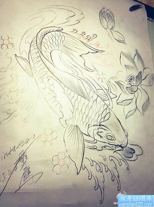 鲤鱼莲花纹身图案