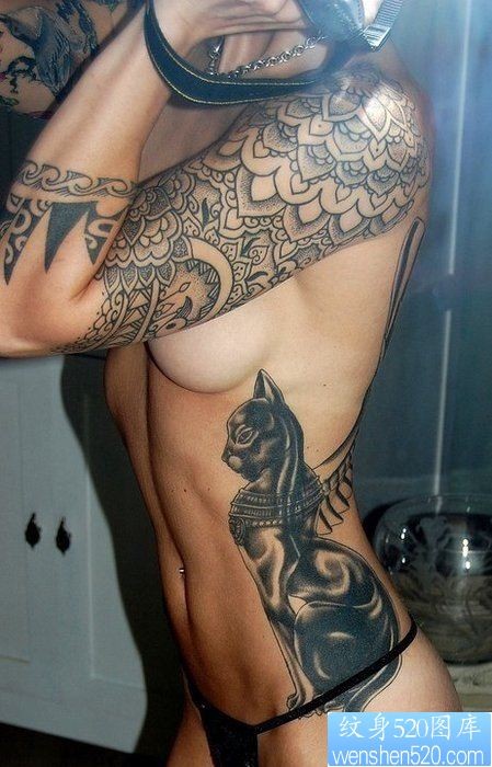一款侧腰tattoo girl猫咪纹身图案