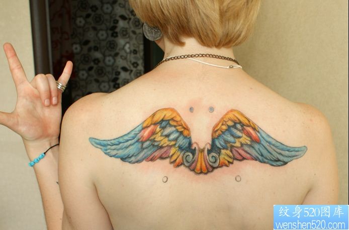 一款女性背部彩色翅膀纹身图案