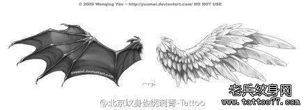 一款黑灰素描翅膀纹身手稿图案