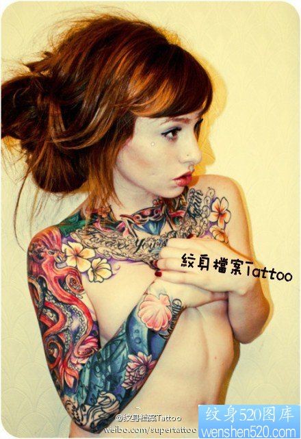 彩色欧美花臂tattoo girl纹身图案