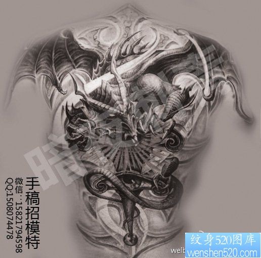 上海纹身图库找模特的欧美满背翅膀恶魔纹身手稿图片